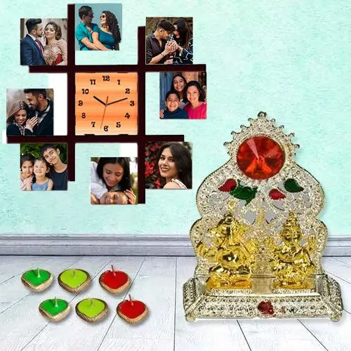Attractive Personalized Photo Wall Clock with Ganesh Laxmi Mandap n Free Diya for Diwali