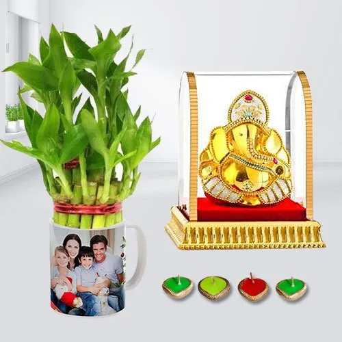 Prayerful Vighnesh Ganesh Idol with Personalized Photo Mug 2 Tier Lucky Bamboo Plant n Free Diya