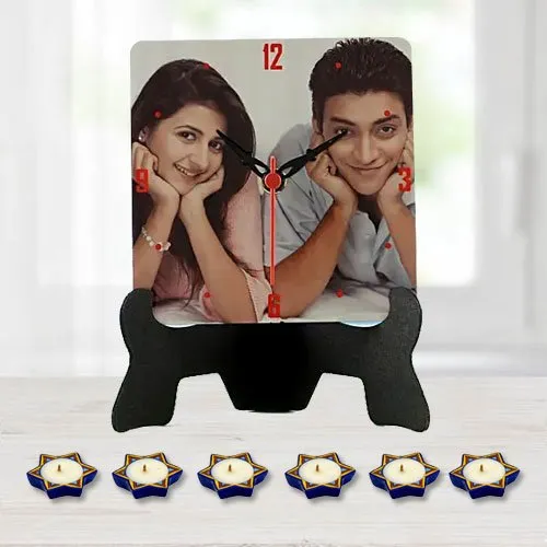 Attractive Personalized Photo Table Clock with 16 pcs Ferrero Rocher n Free Diya