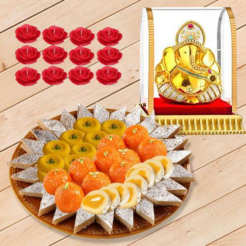 Pious Vighnesh Ganesh Idol with Bhikarams Sweets Platter n Candle Set