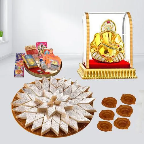 Delicious Kaju Katli with Ganesh Idol n Diwali Pooja Samagri, Free Diya