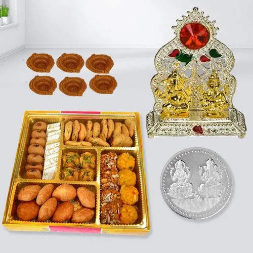 Delicious Diwali Sweets n Snacks Platter from Bhikaram with Laxmi Ganesh Mandap, Coin n Free Diya