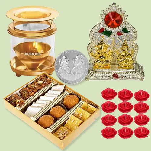 Delicious Diwali Sweets Assortment with Laxmi Ganesh Mandap, Akhand Diya, Candles n Free Coin