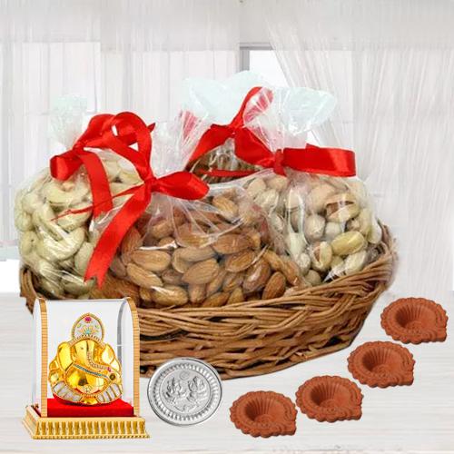 Delightful Basket of Premium Dry Fruits for Diwali with Ganesh Idol, 4 Diya n Free Coin