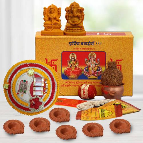 Exceptional Gift Box of Ganesh Laxmi Idol Diwali Pooja Samagri Pooja Thali n Diya