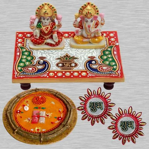 Auspicious Diwali Poojan Special Laxmi Ganesh Ji Marble Choki, Pooja Thali n Subh Labh Sticker