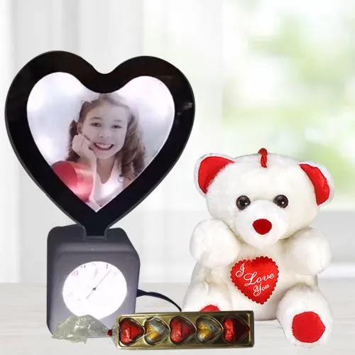 Charming Valentine Gift of Personalized Lamp Clock with Chocolates n Cute Teddy