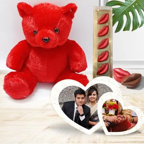 Appealing Valentine Gift of Photo Frame, Chocolates n Teddy	