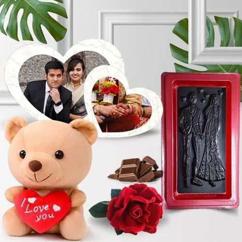 Eye-Catching Gift of Twin Heart Photo Frame with Teddy n Chocolate for Loving Wife