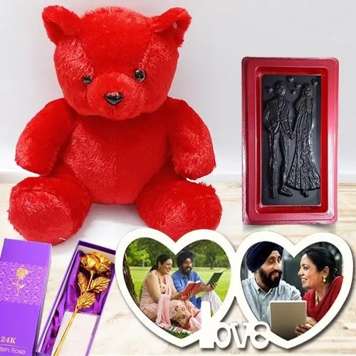 Glamorous V-day Gift of Twin Heart Photo Frame with Chocolates, Teddy n Roses