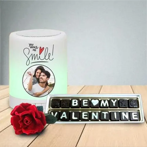 Extravagant V-day Gift of Bluetooth Speaker with Handmade Chocolate n Rose