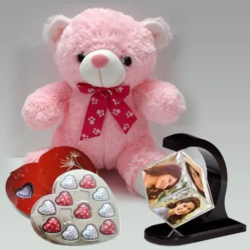 Ravishing Valentine Gift of Photo Revolving Stand with Teddy n Chocolate
