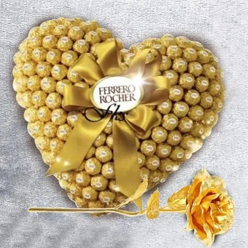 Delightful Rose Day Gift of Heart Arrangement of Ferrero Rocher with Golden Rose