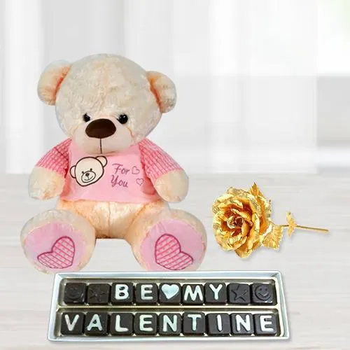 Enticing Propose Day Gift of Teddy, Chocolates n Golden Roses