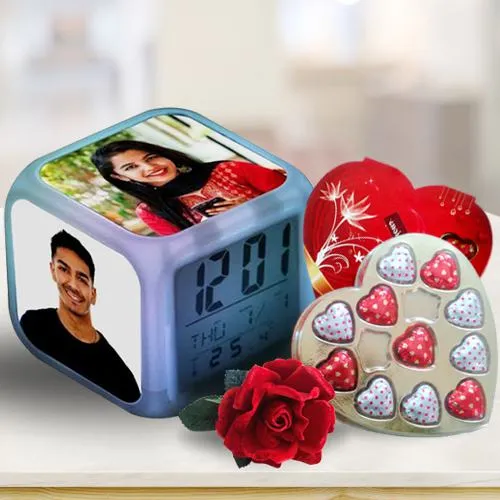 Exciting Gift of Personalized Photo Clock with Heart Shape Chocolates n Roses