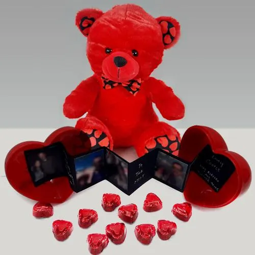 Magnificent Red Teddy N Heart Shape Personalized Box for Your Valentine