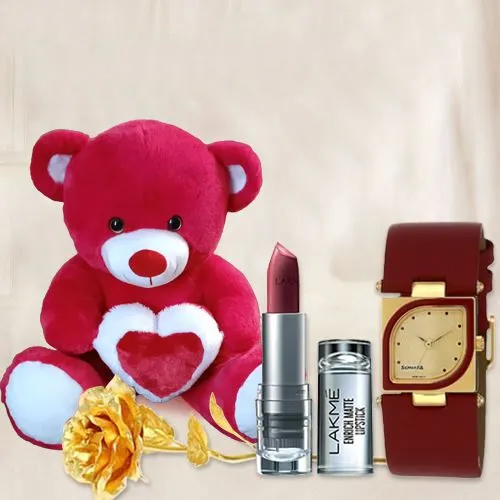 Classic Valentine Combo of Teddy, Sonata Watch n Lakme Lipstick