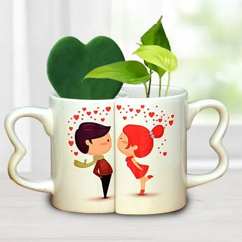 Exclusive Couple Coffee Mug with Hoya Heart n Money Plant