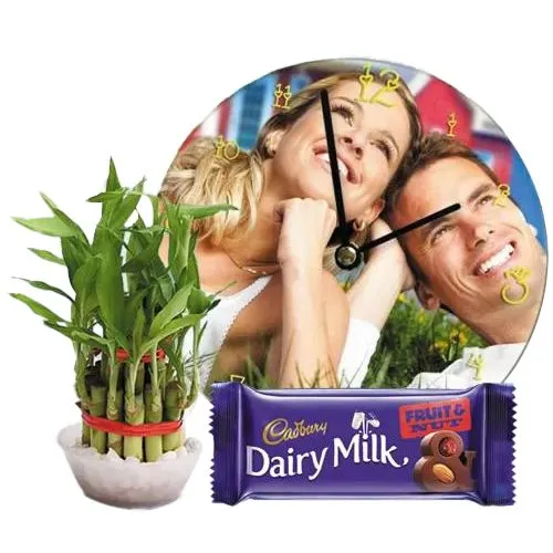 Marvelous Personalized Photo Wall Clock with Lucky Bamboo Plant n Chocolate