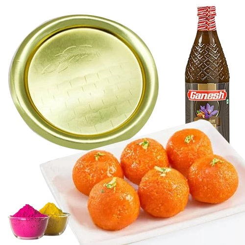 Delightful Holi Combo of Haldirams Ghee Laddu with Gold Plated Thali n Thandai