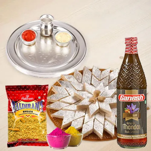 Marvelous Silver Plated Thali with Holi Gifts Assortments