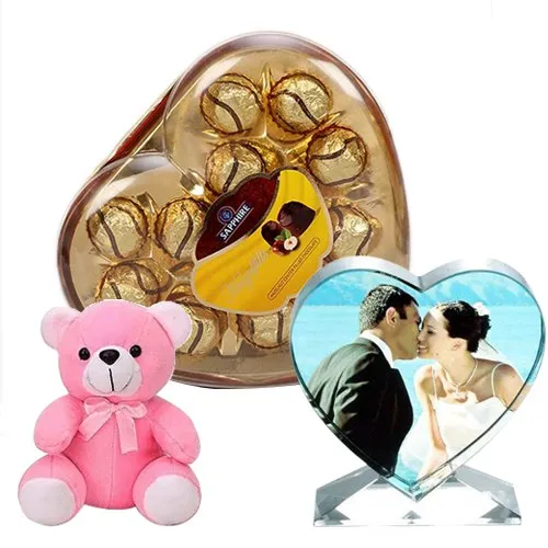 Marvelous Personalized Heart Crystal with Sapphire Chocolate N Cute Teddy