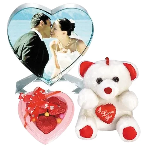 Marvelous Personalized Heart Crystal with Heart Chocolates n Cute Teddy