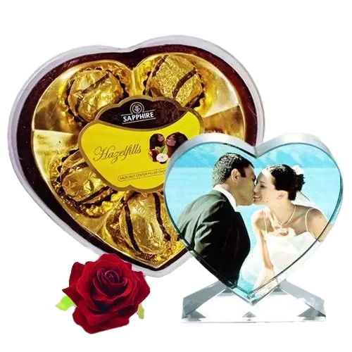 Exclusive Personalized Heart Crystal with Sapphire Chocolates n Velvet Red Rose