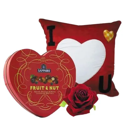 Amusing Personalized ILU Heart Cushion with Sapphire Heart Chocolate Box n Velvet Rose