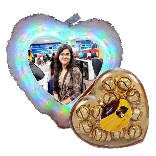 Fantastic Personalized LED Heart Fur Cushion with Sapphire Chocolates