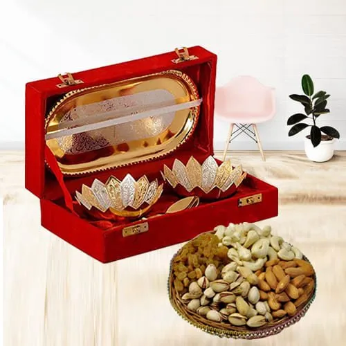 Designer Silver Bowl Gift Set with Crunchy Dry Fruits