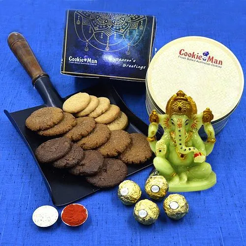 Delicious Cookie Man Cookies n Chocolates Galore with Glowing Ganesh N Roli Teeka