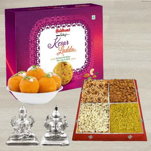 Tasty Gift of Haldiram Kesar Laddoo, Dry Fruits n Idol