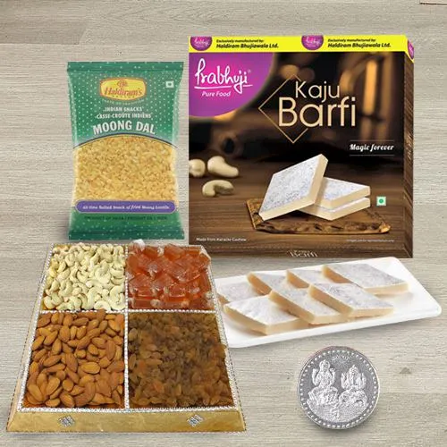 Nutty Dry Fruits, Haldiram Sweets n Snacks with Silver-Plated Coin