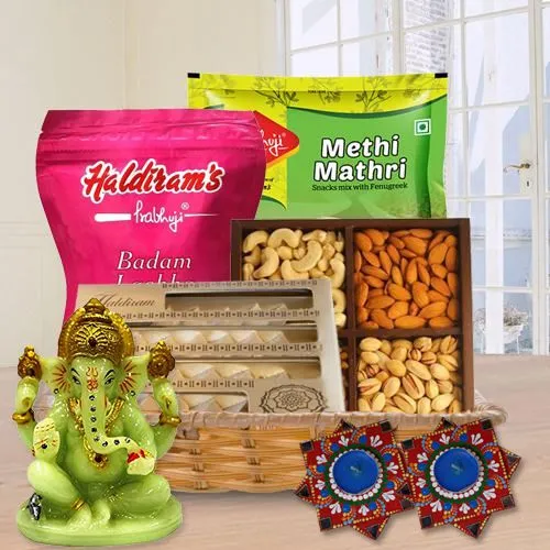 Special Diwali Gift Hamper of Dry Fruits, Haldriam Sweets, Ganesh Idol  N  Dot Mandala Art Diya