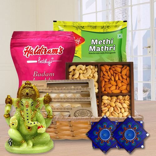 Tasty Haldiram Sweets n Snacks Dry Fruits Ganesh Idol Dot Mandala Art Diya Set for Diwali Gift