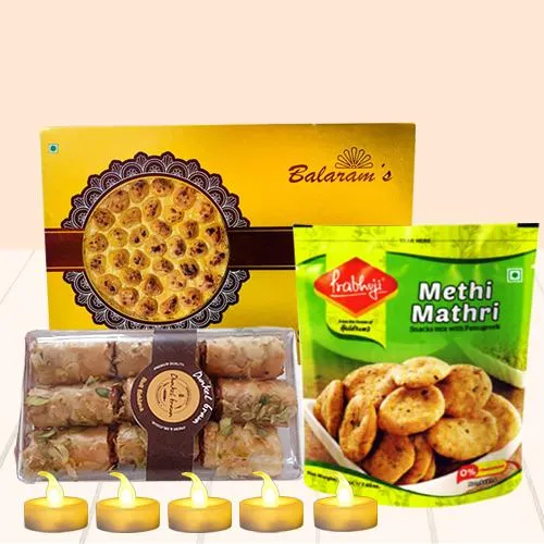 Joyful Diwali Combo of Assorted Sweets-Snacks, LED Tea Light Candles