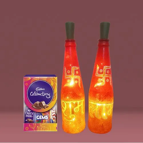 Amazing Diwali Gift of Subh Labh LED Bottle Lamp Pair n Cadbury Celebration