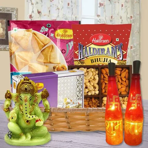 Awesome LED Lighting Subh Labh Bottle Lamp Set with Haldiram Sweets n Snacks, Glowing Ganesh Idol