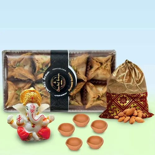 Finest Pyramid Baklawa with Almond Potli, Ganesha Idol n Diya