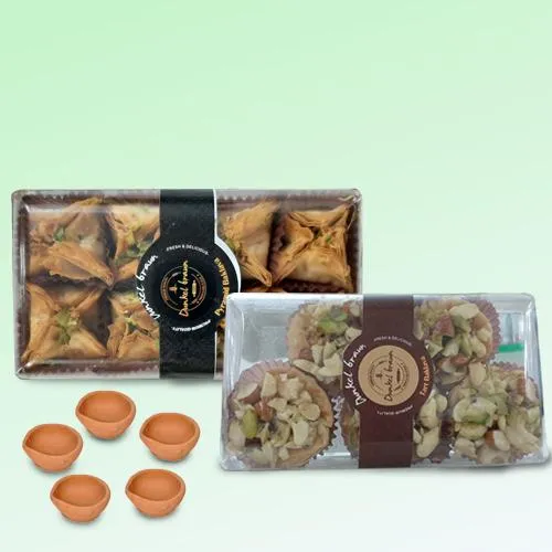 Ideal Diwali Gift of Pyramid n Tart Baklawa, Matka Diya