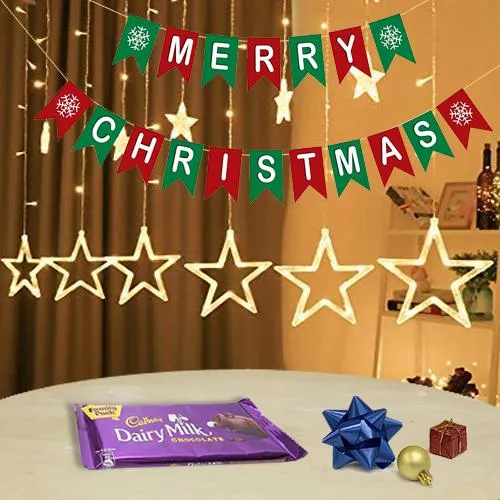 Trendy LED Light Curtain n Merry Christmas Banner with Chocolates