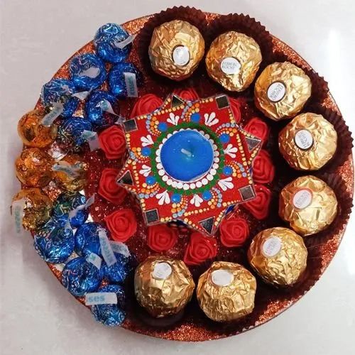 Flowery Tray Decorated with Chocolates n Dot Mandala Diya