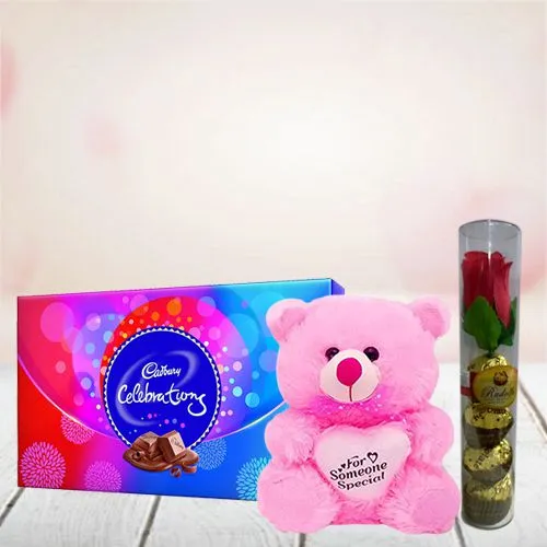 Classy Gift of Soft Teddy, Rosy Handmade Chocolate n Cadbury Celebration