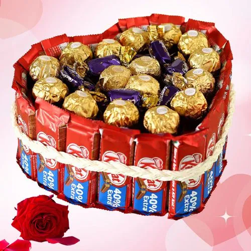Exciting Heart Shape Bunch of Kitkat, Ferrero Rocher n Cadbury Choclairs