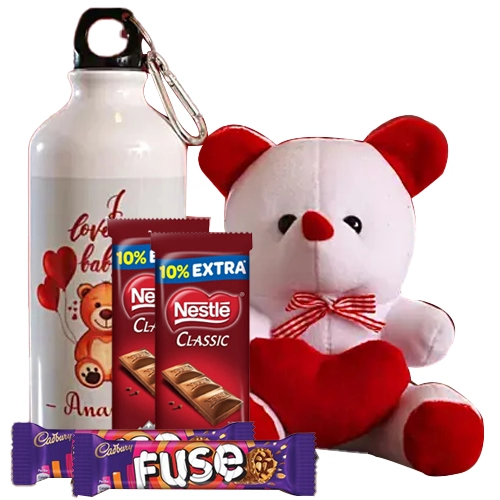 Spectacular Gift of Personalized Bottle, Cute Teddy n Chocolates