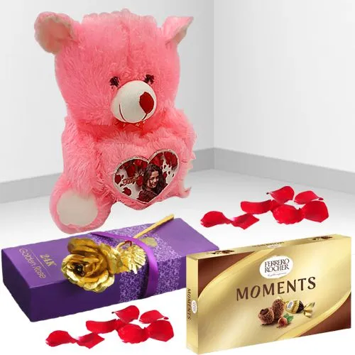 Personalized Teddy with Golden Rose n Ferrero Moments