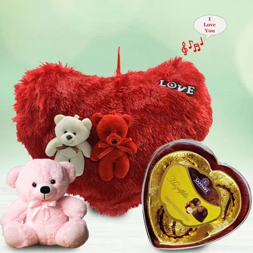 Musical Heart Cushion with Teddy n Sapphire Hazelfills Heart-Shape Chocolate Box