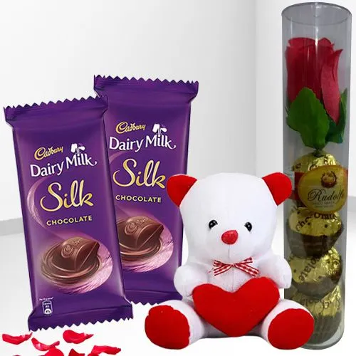 Valentine Combo of Colorful Teddy with Cadbury n Rudolfo Chocolates with Rose
