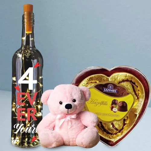 Vivid Bottle Lamp with Teddy n Sapphire Hazelfills Heart-Shape Chocolate Box